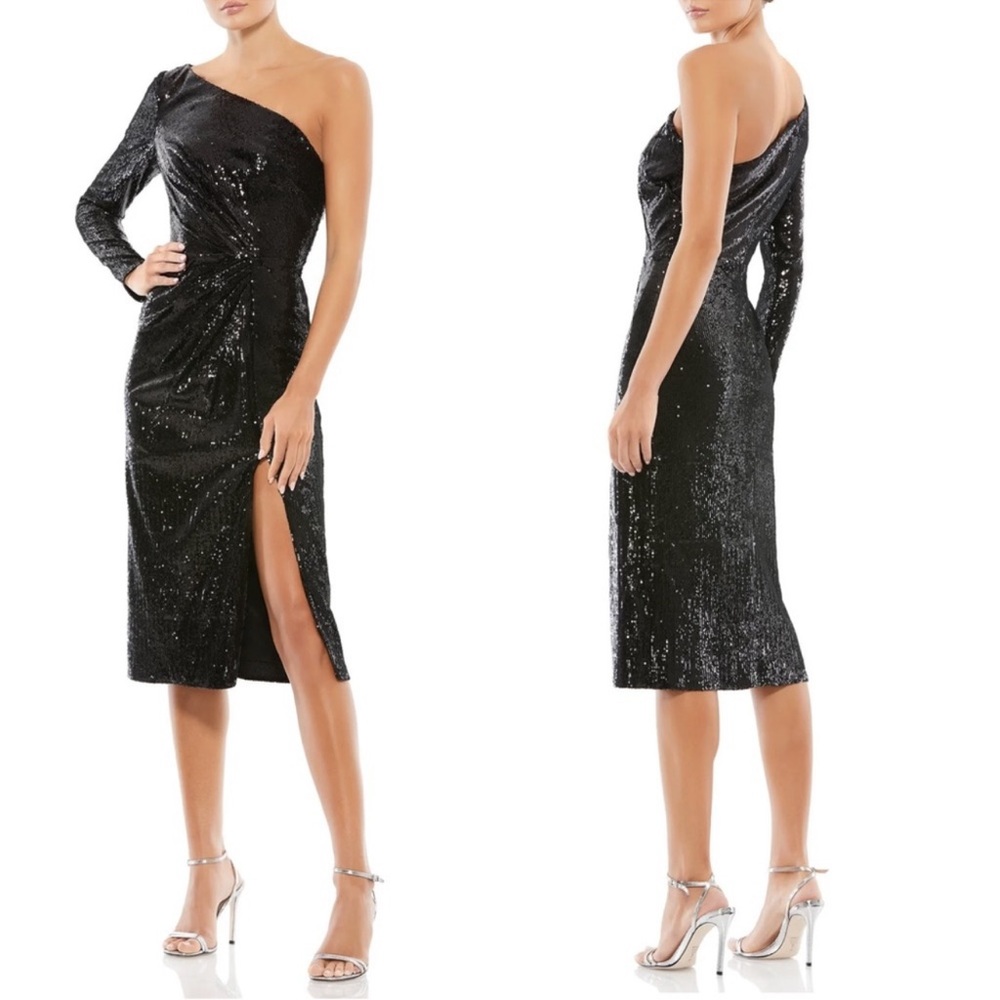 Mac Duggal 26688 Size 8 One Shoulder Long Sleeve Black Sequin Midi Party Dress